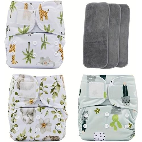 Cloth Diaper: 3 pcs Hook and Loop Fasteners Design Baby Reusable Cloth Diapers with 3 Microfier Inserts (Animals Prints)