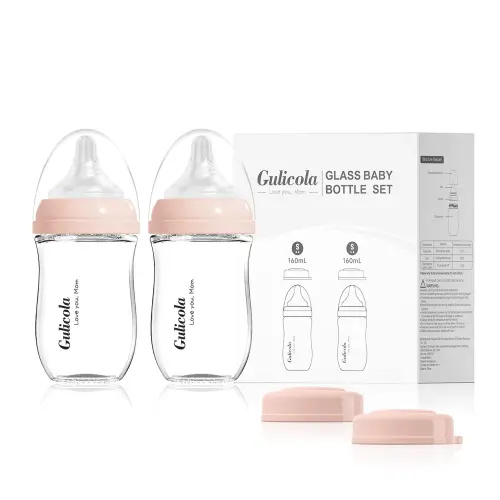 Gulicola Natural Glass Baby Bottle for Breastfeeding Babies, Newborn Anti-Colic Bottle Set with Slow Flow Nipple, 0-3 Months, 5 oz, 2 Pack - Pink