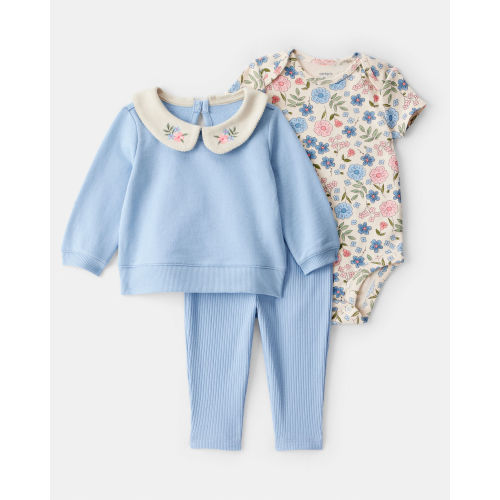 Baby Girl 3-Piece Floral Collared Cardigan Outfit Set - Blue - Carter's | Carter's