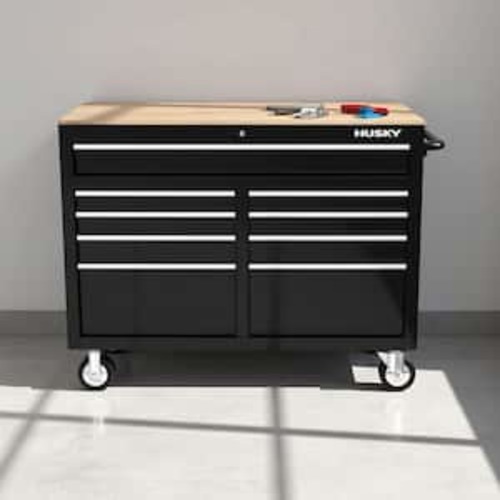 Tool Storage 46 in. W x 18 in. D 9-Drawer Mobile Workbench Cabinet in Gloss Black