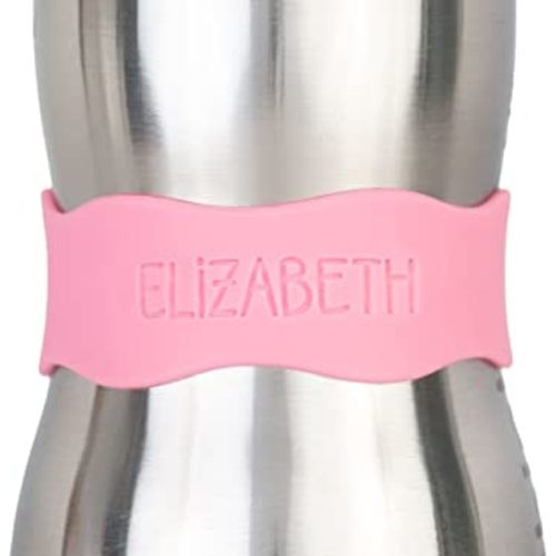 InchBug Orbit Labels - Matching Color Personalization Silicone Baby Bottle & Sippy Cup Bands - Reusable, Dishwasher Safe, Engraved Name Labels for Daycare, 4-Pack (Bubblegum Pink)