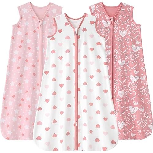 FIEMOL Baby Sleep Sack 0-6 months, 100% Cotton Sleeping Sack for Newborn and Infant, 3 Pack Baby Wearable Blanket, 0.5 Tog Lightweight Double Zipper Sleep Bag Pink Heart