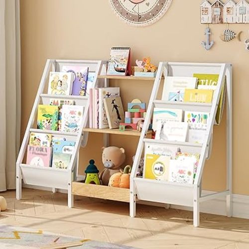 Kids Bookshelf and Toy Organizer, 3-Tier Kids Bookcase, Kids Sling Bookshelf, Toddler Toy Storage Organizer with Bookshelf, for Kids Room, Playroom, Bedroom, Nursery, Natural BKBN34201