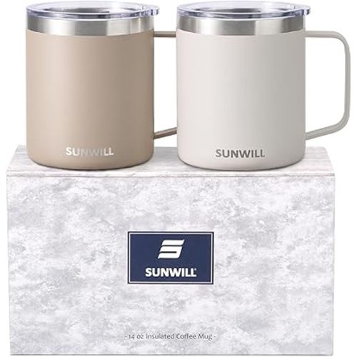 SUNWILL Travel Coffee Mug Set of 2, Insulated Tumbler with Lid, 14oz Stainless Steel Cup with Handle for Camping, Office, Home, Powder Coated Cream & Taupe