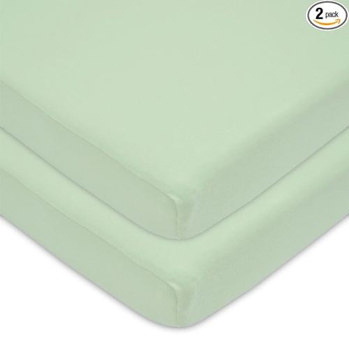 American Baby Company 2 Pack 100% Natural Cotton Fitted Mini Crib Sheets 38" x 24" - Soft & Breathable Small Nesting Portable Sheets, Fits Pack N Play Mattresses, Celery, for Boys & Girls