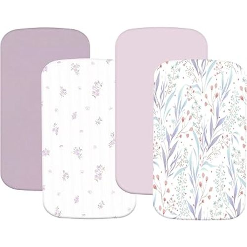 4 Pack Bassinet Sheets (19" x 33"), Compatible with Baby Delight, BabyBond, Dream On Me and Most Rectangle Bedside Sleeper Bassinet Mattress, Soft and Skin-Friendly, Purple Flower