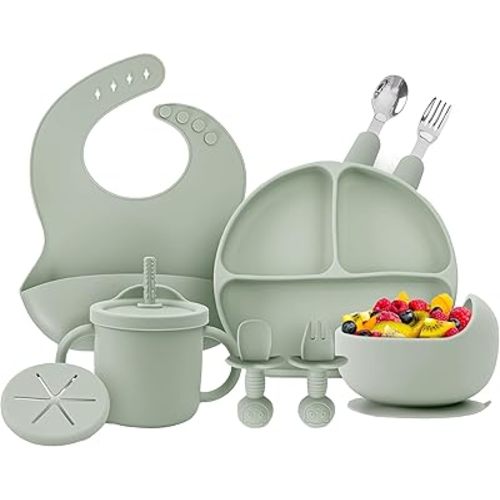 OWS Baby Feeding Set (11 pc) - Certified BPA-Free 100% Food Grade Silicone with Suction Bowl, Divided Plate, Sippy Cup with Straw & 2 Lids, Adjustable Bib, and Weaning Utensils (Forest Green)