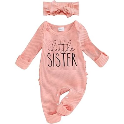 FIOMVA Im New Here Newborn Outfit Girl Long Sleeve Letter Romper Ribbed Knit Jumpsuit Baby Girl Preemie Coming Home Outfit