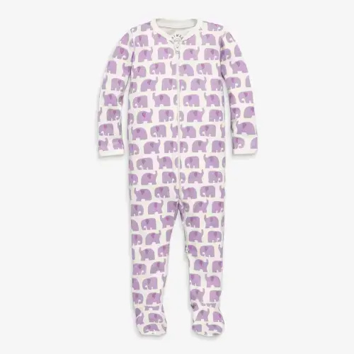 (3-6M) Purple Elephants Baby Organic Animal Friends Zip Footie | Primary.com