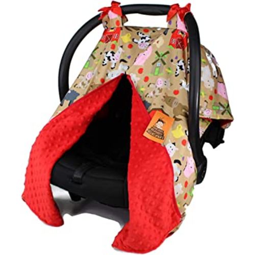 Dear Baby Gear Baby Car Seat Canopy, Tan Farm Life Animals and Barns, Red Minky