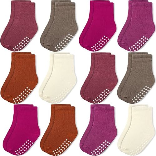 JAKIDAR 12 Pack Baby Socks Cotton Crew Toddler Socks Grips Non Slip Bottom Kids Socks
