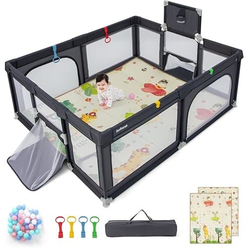 INFANS Baby Playpen, 74” x 62” Extra Large Baby Play Yard with Crawling Mat, 50 Ocean Balls, 4 Pill Up Rings, Basketball Hoop and 2 Football Gates for Toddlers, Indoor Activity Center (Dark Gray)