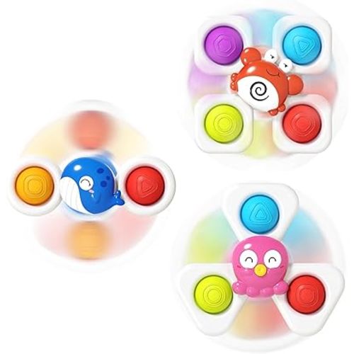 Jowow 3PCS Baby Suction Cup Spinner Toy,Spinning Bath Toy for Baby 18+ Months,Sensory Baby Toys for Table & Car Travel,Birthday Gifts Age 1-3 Year Olds Toddler Boys and Girls.