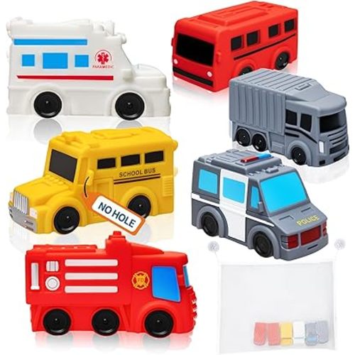 Mold Free Bath Toys with Mesh Storage Organizer, 6 Packs No Hole Baby & Toddler Bathtub Toys: Water Floating Vehicles Truck School Bus Car Toys, Sealed Soft Silicone Rubber Bath Toys for Kids Ages 0+
