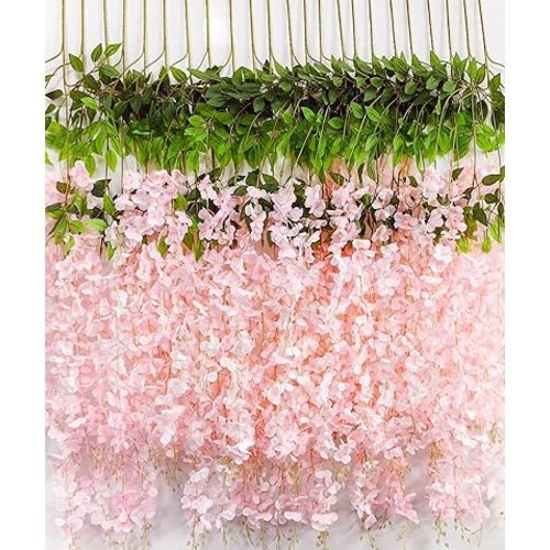 Wisteria Hanging Flowers 24 Pack Artificial Flowers Fake Wisteria Vine Rattan Hanging Garland Silk Flowers String for Party Home Wall Greenery Wedding Decor (Light Pink)