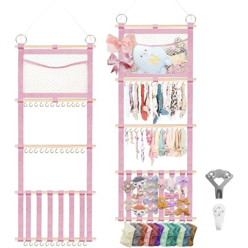 Munzong bow holder for girls hair bows 52x17 inch, Beige Hair Bow Clip Organizer for Baby Girls,Hair Accessories Storage Hanger for Toddler Kids Nursery Room Decor