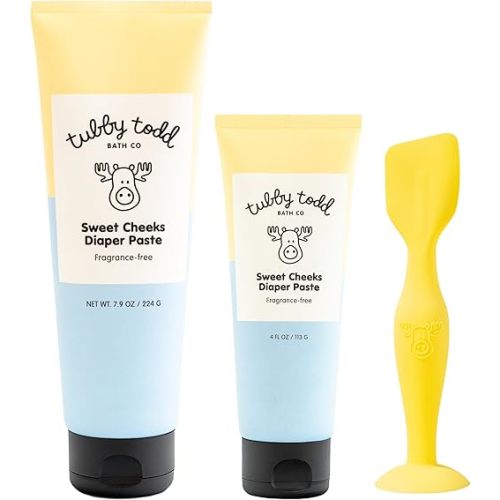 Tubby Todd Sweet Cheeks Diaper Paste & Spatula - Diaper Rash Cream with 14% Zinc Oxide - Hypoallergenic - For Soothing and Protecting Sensitive Skin - 2 Pack, 4oz & 7.9oz