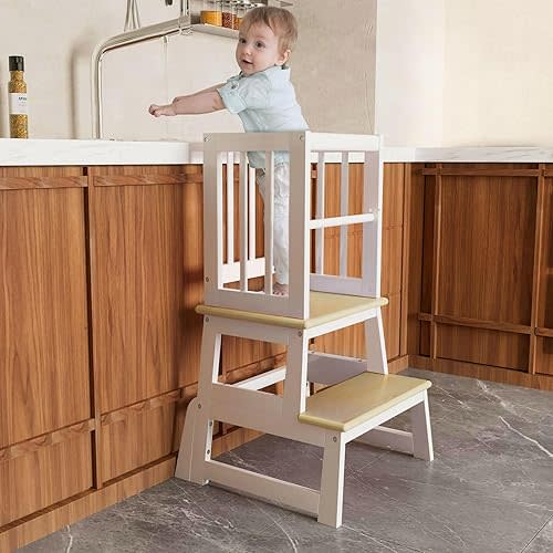 Kids Kitchen Step Stool, Toddler Montessori Learning Standing Tower, Ideal Toddler Kitchen Stool Helper for Bathroom Sink or Counter - 2025 Design with 3 Exclusive Upgrades - White Natural