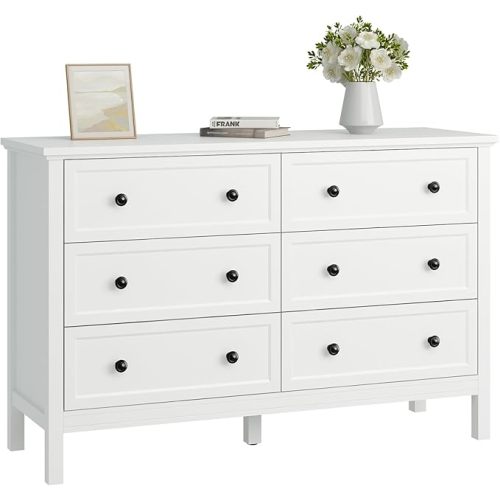 CARPETNAL White Dresser for Bedroom, 6 Drawer Dresser with Wide Drawer and Metal Handles, Wood Dressers & Chests of Drawers for Hallway, Entryway.