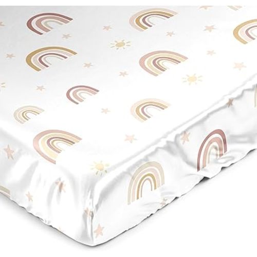 Sweet Jojo Designs Boho Rainbow Girl Baby Satin Fitted Crib Sheet Infant Newborn Nursery Toddler Bed Room Standard Mattress Blush Pink Yellow Bohemian Modern Neutral Vintage Rose Gold Beige Stars Sun
