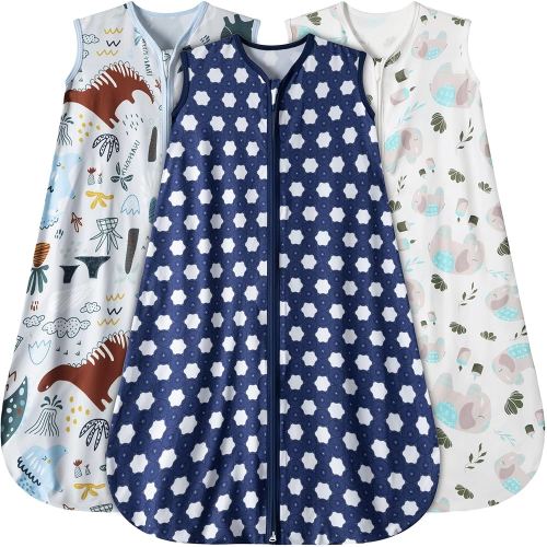 Baby Sleep Sack 6-12 Months 3 Pack Baby Wearable Blanket 100% Rayon Cotton 2-Way Zipper Toddler Sleeping Sack .Comfy Soft Lightweight TOG 0.3 (Elephant&Dinosaur&Hexagon,)