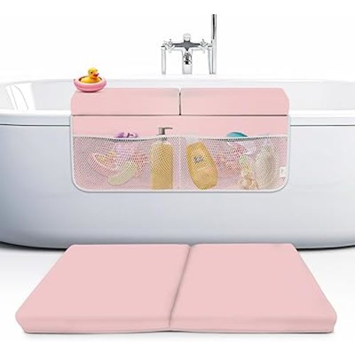 Memory Foam Bath Kneeler and Elbow Rest Pad Set, 2-Inch Thick, Water-Resistant Mat – Baby Bath Time Essentials Cushion and Bath Kneeling Pad for Bathing Baby with Bathtub Toy Organizer (Pink)