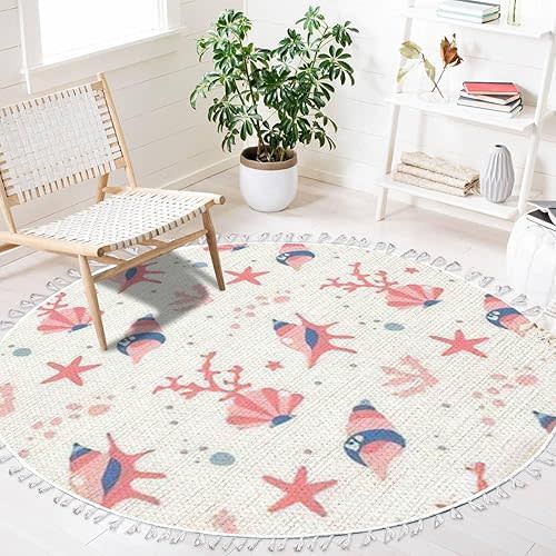 Round Boho Area Rug Pink Colors Seashells Bubbles reefs Stars Underwater for Baby Carpet with Tassels Washable Hallway Floor Mat Runner Rugs for Bedroom Bathroom Playroom Nursery Decor 4 ft