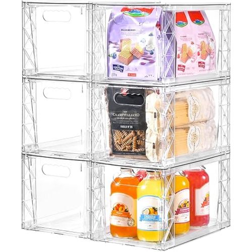 6 Pack Stackable Kitchen Pantry Storage Drawers, Clear Acrylic Drawer Organizer with Handles, Easily Assemble Storage Bins for Kitchen Pantry, Bathroom Undersink, Cabinet Organization and Storage