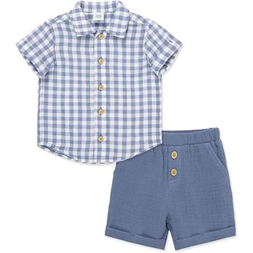 Little Me Clothes for Baby Boys' Gauze Striped Button Down Shirt and Check Short Set, 3 Months - 12 Months