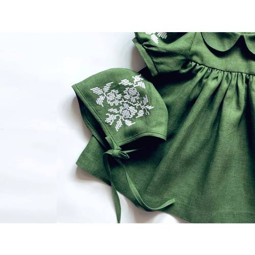 Embroidered Linen Bonnet for Girls,Green Baby Bonnet, Baby Girl Bonnet, Linen Clothes for Girls Girls Clothing