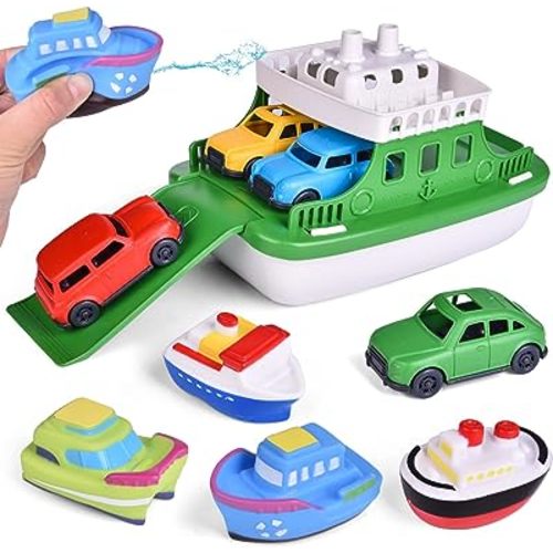 Toy Boat Bath Toys for Toddlers with 4 Mini Car Toys and 4 Bath Boat Squirters, Kids Ferry Boat for Bathtub Bathroom Pool Beach Toys