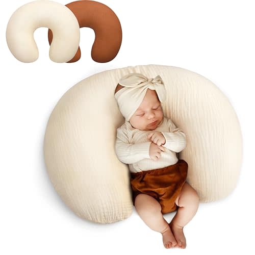 Pro Goleem Muslin Nursing Pillow Cover, 100% Cotton Soft Breathable Feeding Pillow Slipcover for Breastfeeding Moms, Fits Standard Infant Nursing Pillow, for Boys and Girls, 2 Pack (Brown&Beige)