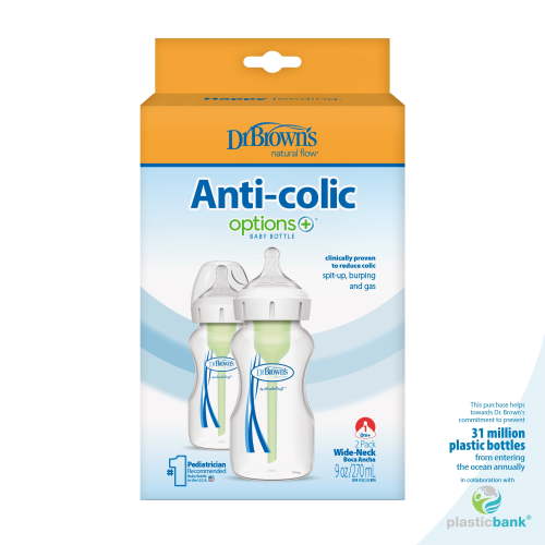 Dr. Browns Natural Flow Anti-Colic Options+ Wide-Neck Baby Bottle, 9 oz/270 mL, Level 1 Nipple, 2-Pack, 0m+