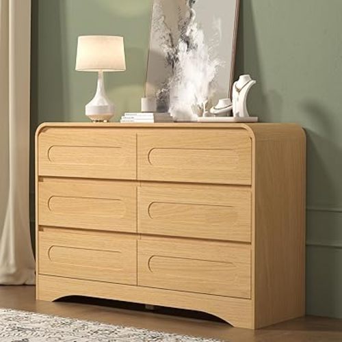 6 Drawer Dresser for Bedroom, 47" Bedroom Dresser with Pre-Installed Slides, Modern Wood Chest of Drawers, Wooden Dresser Storage Cabinet for Bedroom Nursery or Hallway, Natural Oak