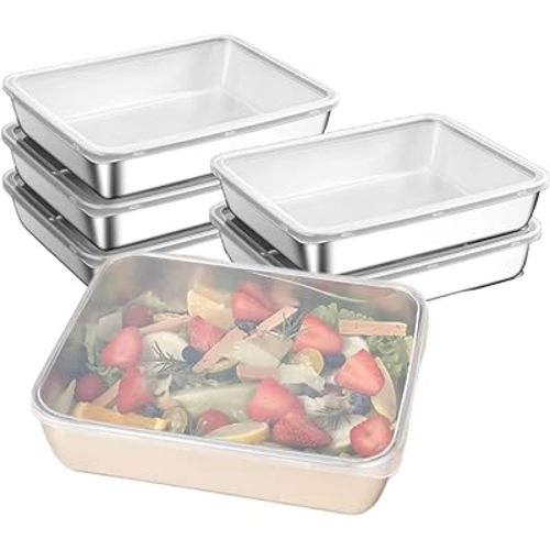 6Pcs Meal Prep Food Containers with Lids, Stainless Steel Trays Freezer Box Containers for Food with Airtight Lids, Oven & Dishwaher Safe(2200ML)