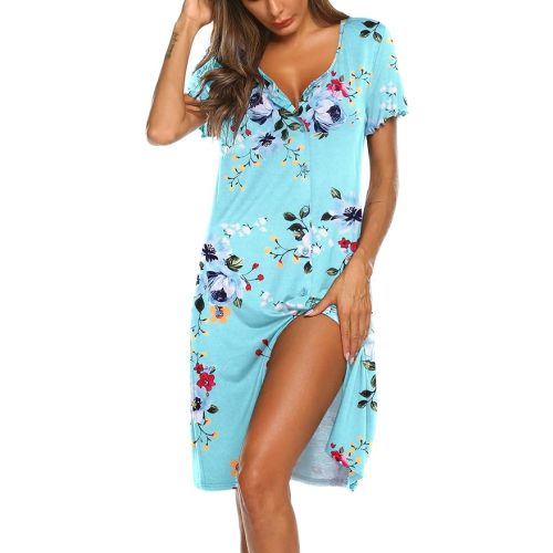 Ekouaer Women's Nightshirt Short Sleeve Button Down Nightgown V-Neck Sleepwear Pajama Dress