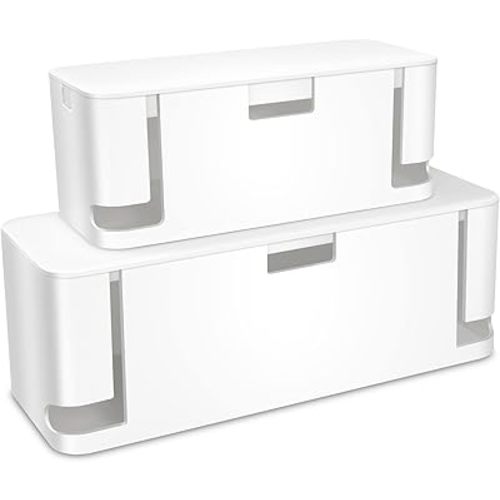 Cable Management Box White, 2Pack Cord Organizer Box - Extra Large and Medium Size, Cord Hider Box to Conceal Power Strips on Desk or Floor, Made from Electrically Safe ABS Material