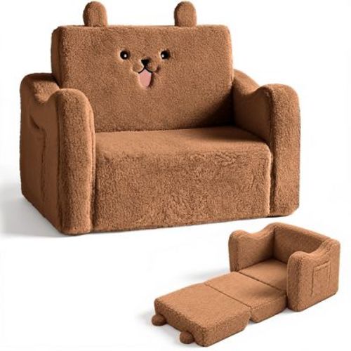 Kinder King Toddler Sofa Chair, 2-in-1 Foldable Baby Couch Flip Open Sofa Bed for Playroom, Brown