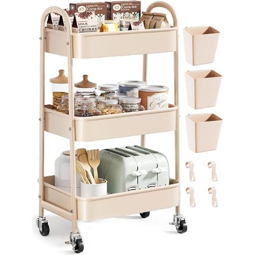 Beige 3 Tier Rolling Cart Metal on Wheels, Three Tiered Storage Organizer Utility Trolley with Wheels for Art, Craft, Baby Diaper Caddy, Snack, Book, Nail, Lash, Cleaning Supplies, Kitchen, Bathroom