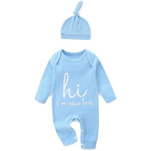 Newborn Girls and Boys Romper, Hi I’m New Here Long Sleeve Cotton Baby Clothes, Newborn Coming Home Outfit