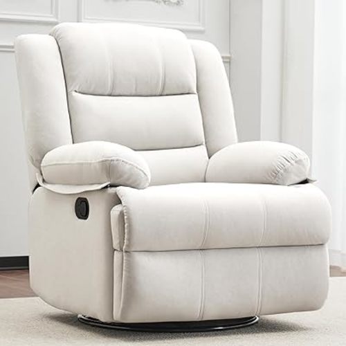 Swivel Rocking Recliner Chair for Adults, Overstuffed Manual Glider Rocker Recliner Chair, Upholstered Reclining Single Sofa Chair for Living Room (Beige)