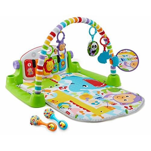 Fisher-Price Baby Playmat Deluxe Kick & Play Piano Gym & Maracas with Smart Stages Learning Content, 5 Linkable Toys & 2 Soft Rattles (Amazon Exclusive) - Green + Maracas