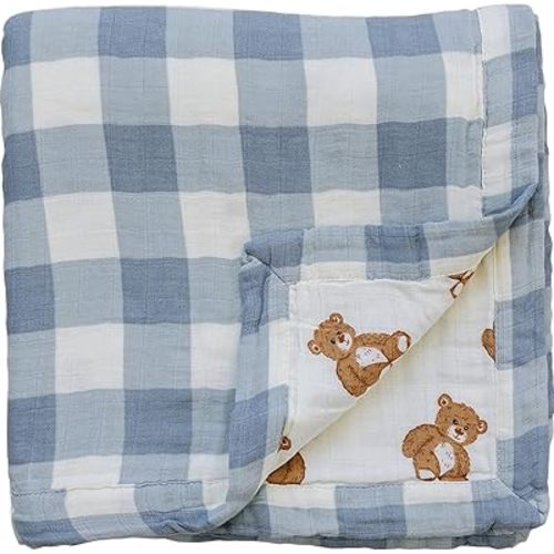 Mebie Baby Muslin Quilt, Dusty Blue Gingham Teddy Bear, 100% Cotton Baby Blanket for Girls & Boys, Newborns to Toddler, Soft Swaddle Blanket, 47"x47"