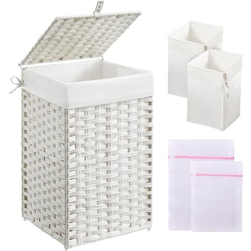 Greenstell Laundry Hamper with Lid, 60L Clothes Hamper with 2 Removable Liner Bags & 2 Mesh Bags, Handwoven Synthetic Rattan Basket, Toys in Bathroom, Bedroom White