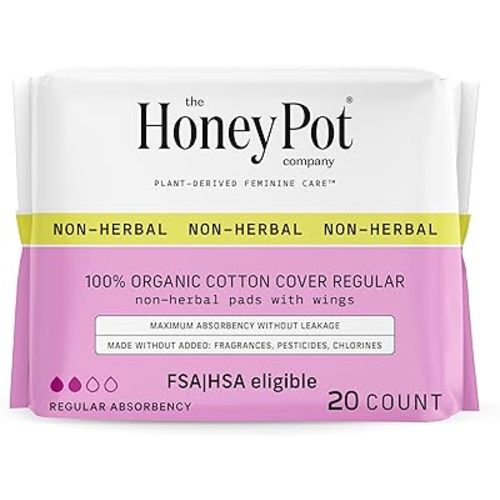 The Honey Pot Company - Sanitary Pads for Women - Non-Herbal Regular Flow w/Wings - Organic Cotton Cover & Ultra-Absorbent Pulp Core - Feminine Care - FSA & HSA Eligible - 20 ct