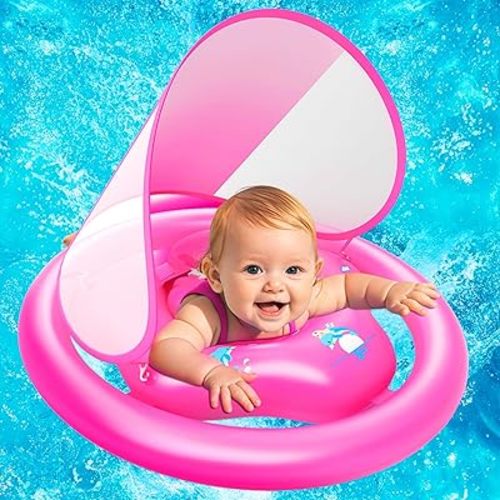 ZIZZ Swimming Float Baby-Toys Gifts: Inflatable Pool Float Toys with Sun Protection Canopy Beat Baby Gift for Age 6+ Months 1 2 Years Old Kids Swimming Learning Activity