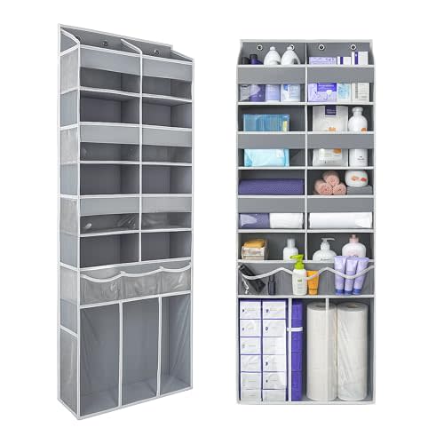 EZVERY Extra Large Over The Door Organizer with Clear Pockets - 8 Compartments & XL Bottom Storage, Heavy-Duty Hanging Organizer for Bathroom, Bedroom, Closet (57 Inch Height,Grey).