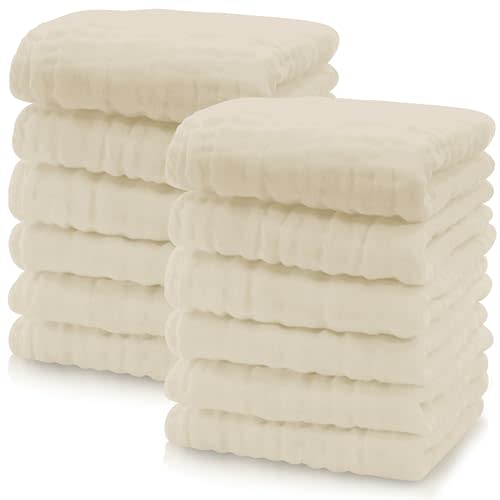 Cute Castle 12 Pack Muslin Baby Washcloths - Large 12'' by 12'' - Ultra Soft 100% Cotton - Super Absorbent Burp Cloths for Unisex, Boy, Girl -Ivory