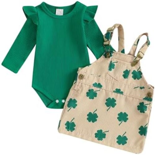 Karuedoo Newborn Baby Girl St Patricks Day Outfit Long Sleeve Romper Clover Corduroy Overall Dress Suspender Skirt Outfit Set