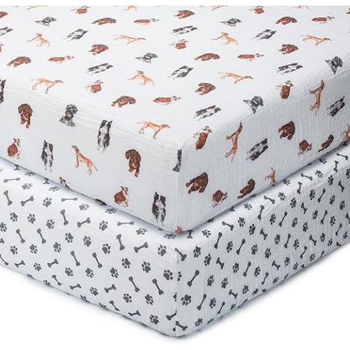 LollyBanks Muslin Crib Sheets 2 Pack, 100% Cotton Baby Crib Sheets for Boys and Girls, Soft and Breathable Neutral Baby Fitted Sheet for Standard 52"x28" Mattress, Registry (Dogs and Paws Design)